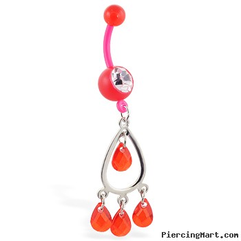 Flexible red belly ring with dangling chandelier