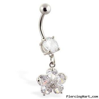 Navel ring with dangling clear jeweled flower