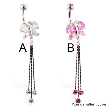 Jeweled butterfly navel ring with dangling chains and gems