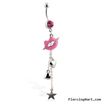 Navel Ring with Dangling Lips, Hearts And Stars