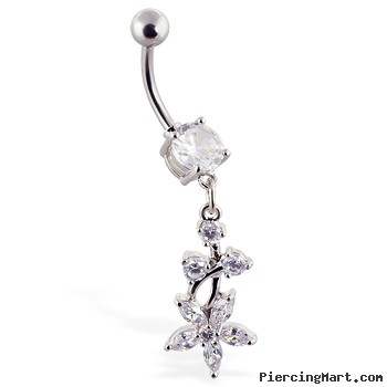 Navel ring with clear jeweled dangle and flower