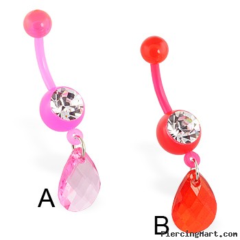 Flexible bioplast belly ring with dangling teardrop stone