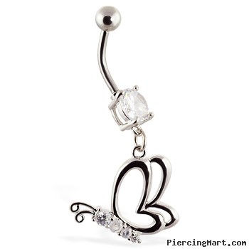 Navel ring with dangling side angle butterfly