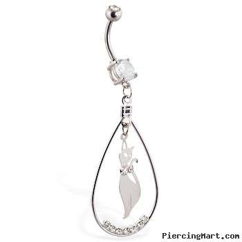 Navel ring with large dangling teardrop and cat