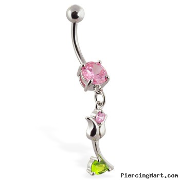 Navel ring with dangling flower on stem