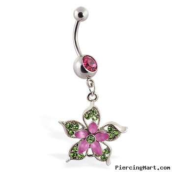 Navel ring with dangling pink and green flower