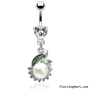 Heart gem navel ring with jeweled dangle and large pearl