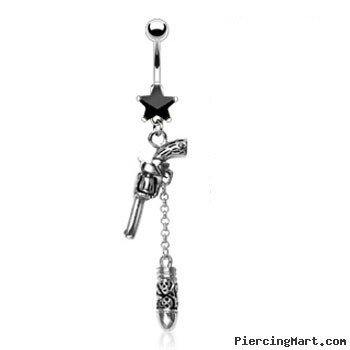 Black star navel ring with dangling skull bullet and gun