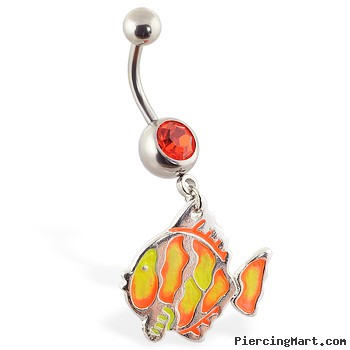 Navel ring with dangling neon fishy