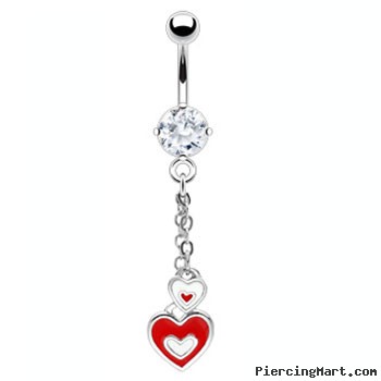 Navel ring with dangling red and white hearts