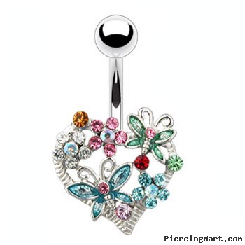 Multi-Colored Flower And Butterfly Heart Navel Ring