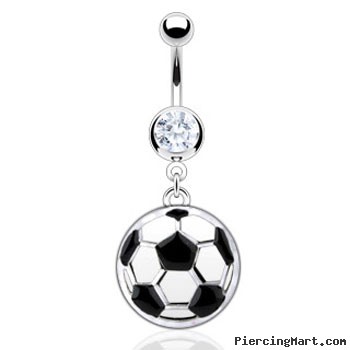 Navel ring with large dangling soccer ball