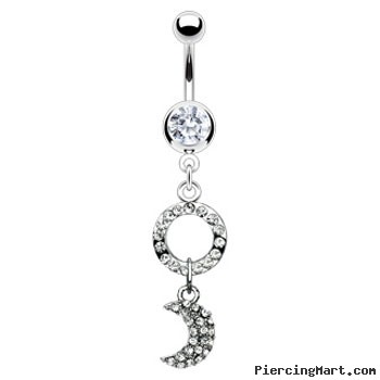 Navel ring with dangling jeweled circle and moon