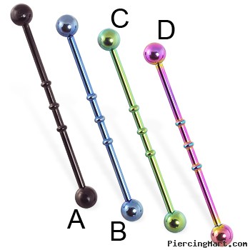 Titanium anodized triple notched industrial barbell, 14 ga