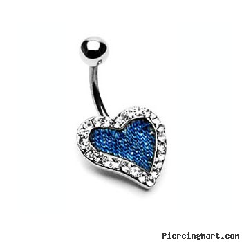 Blue denim jeweled heart navel ring