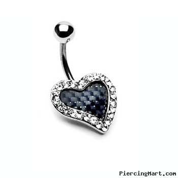 Black carbon fiber jeweled heart navel ring