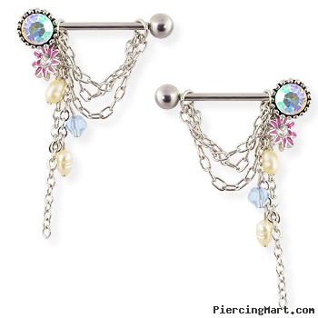 Pair Of Nipple Rings With Chains And Dangles, 14 Ga