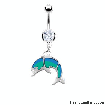 Navel Ring with Dangling Glossed Dolphin