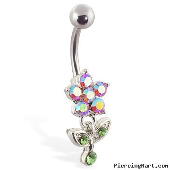Pink AB flower belly ring with dangling jeweled leaves n stem