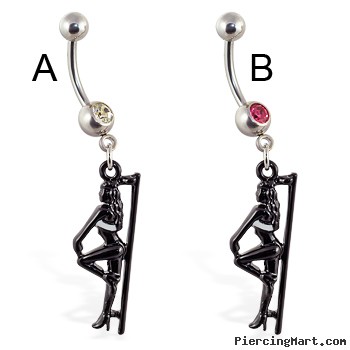 Navel ring with dangling posing stripper and pole