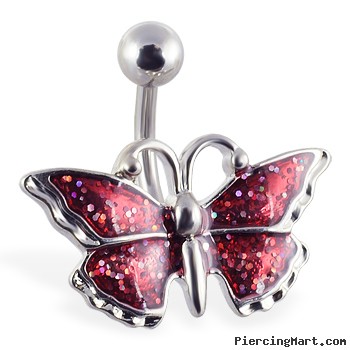 Red glitter fancy butterfly belly ring