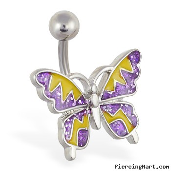Purple and yellow glitter zig-zag butterfly navel ring