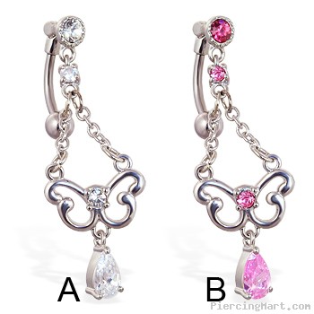 Reversed belly ring with dangling chandelier butterfly