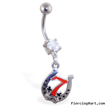 Navel ring with dangling lucky "7" horseshoe