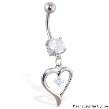 Navel ring with dangling heart with gem