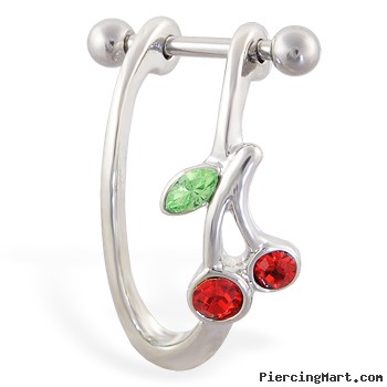 Straight helix barbell with dangling cherry cuff , 16 ga