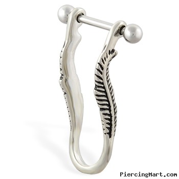 Straight helix barbell with dangling feather cuff , 16 ga