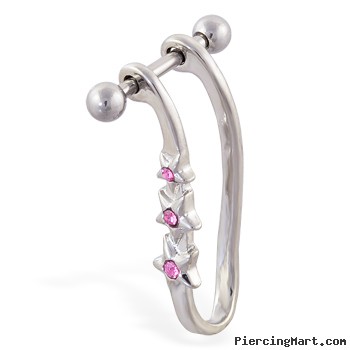 Straight helix barbell with dangling pink jeweled star cuff , 16 ga