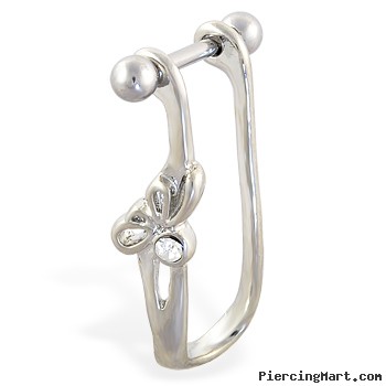 Straight helix barbell with dangling cuff with clear bow, 16 ga