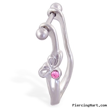 Straight helix barbell with dangling cuff with pink bow, 16 ga