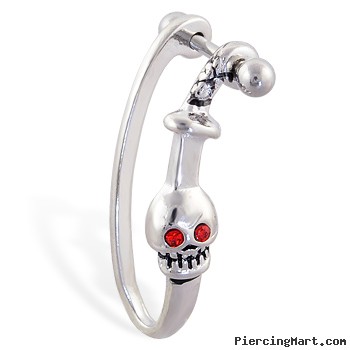 Straight helix barbell with dangling red eyed skull and sword cuff , 16 ga