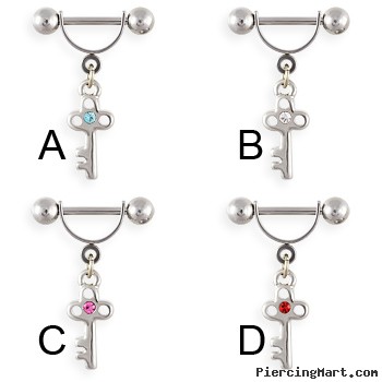 Straight barbell helix cuff with dangling jeweled key, 16 ga