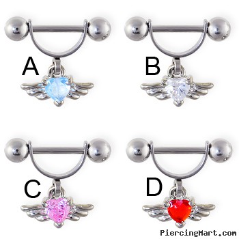 Straight barbell helix cuff with dangling jeweled heart with wings, 16 ga