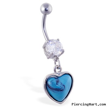 Belly ring with dangling lt blue heart