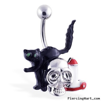 Halloween Belly Ring with Black Cat And Skull