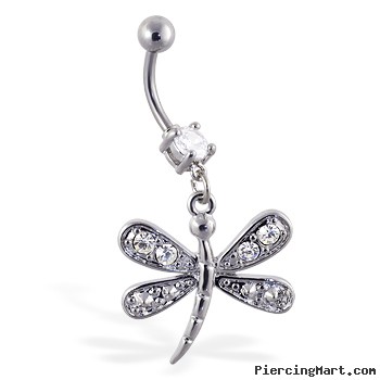 Navel ring with dangling jeweled dragonfly