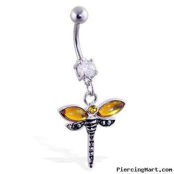 Navel ring with dangling yellow dragonfly