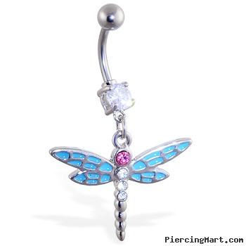 Belly ring with dangling lt blue and pink dragonfly