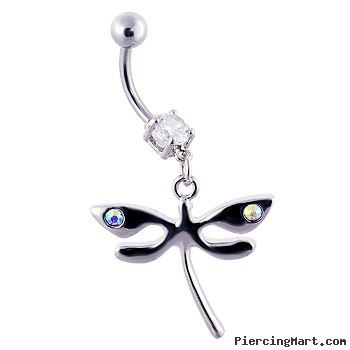 Navel ring with dangling steel dragonfly with ab gems