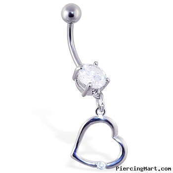 Navel ring with dangling plain heart with gem