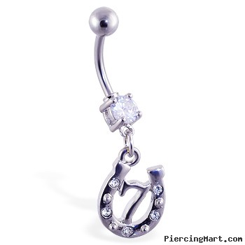 Navel ring with dangling horseshoe and "7"