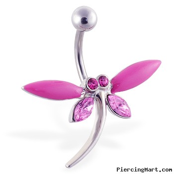 Large pink jeweled dragonfly belly ring