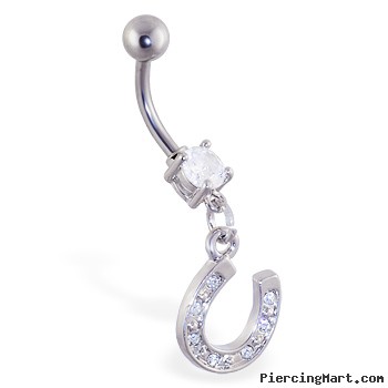 Navel ring with dangling jeweled horseshoe