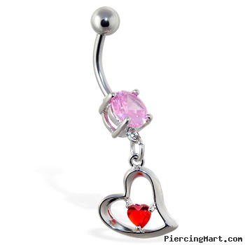 Navel ring with dangling red jeweled heart