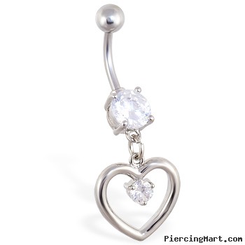 Navel ring with dangling heart and small gem, Belly Button Rings