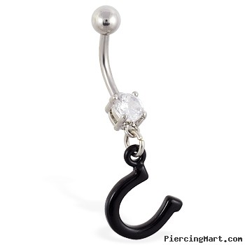 Navel ring with dangling black horseshoe